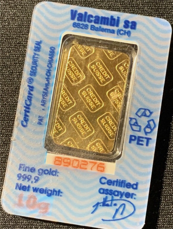 Lingot 10 Grammes Or 999,9 scellé Crédit Suisse