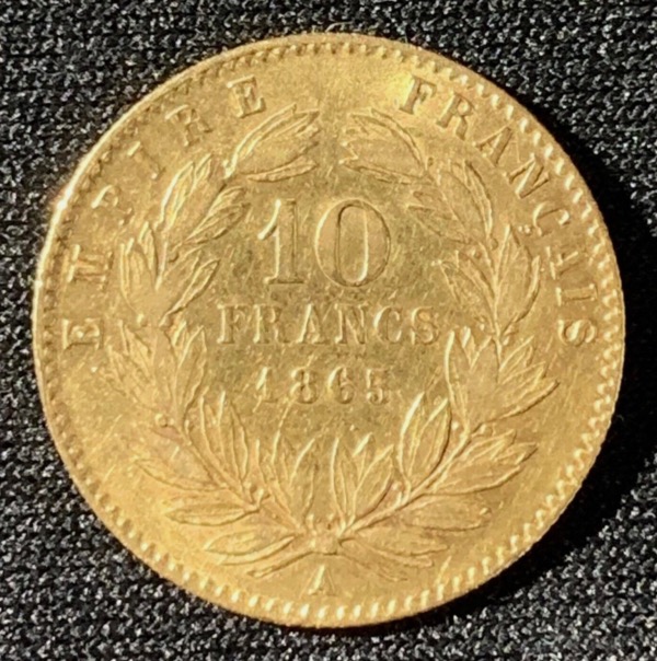 10 francs or napoléon III tête laurée 1865 A