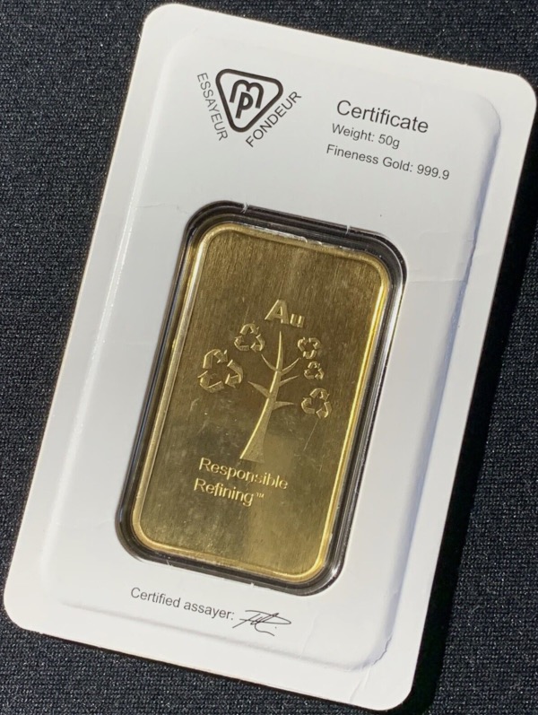 Lingot 50 grammes or 999,9 scellé Metalor