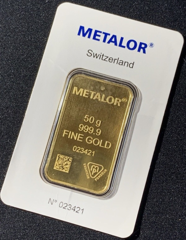 Lingot 50 grammes or 999,9 scellé Metalor