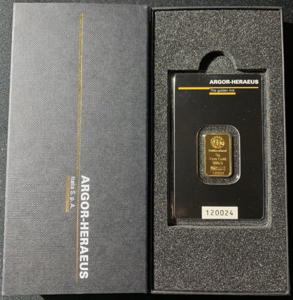 Lingot 5 Grammes Or 999,9 scellé ARGOR-HERAEUS Kinebar coffret