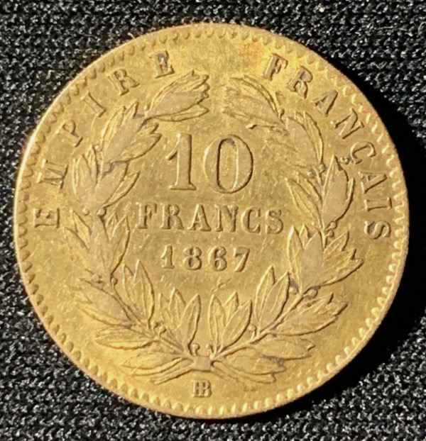 10 francs or napoléon III tête laurée 1867 BB