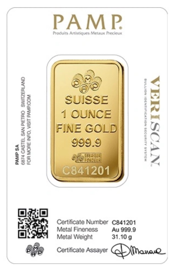 Lingot 31,1 grammes Or 999,9 scellé PAMP