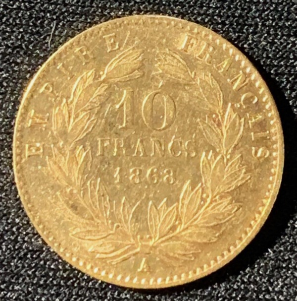 10 francs or napoléon III tête laurée 1868 A